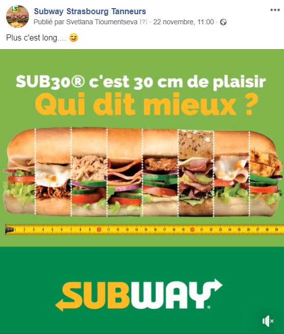 Exemple publication réseaux sociaux - Subway Strasbourg Tanneurs